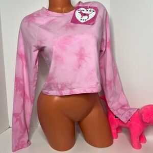 Victoria’s Secret PINK S 100% Cotton Logo Long-sleeve Shirt Cropped Tie Dye Pink